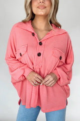 Pink Corded Flap Pocket Henley Top Long Sleeve Tops JT's Designer Fashion