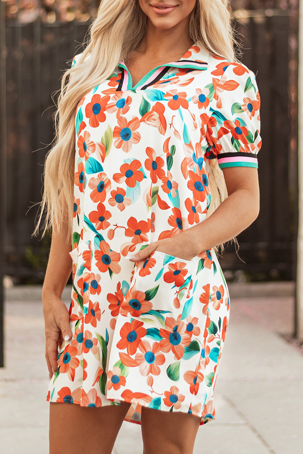 Orange Contrast Trim Floral Split Neck Puff Short Sleeve Tiered Mini Dress Floral Dresses JT's Designer Fashion