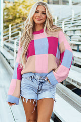 Rose Red Color Block Drop Shoulder Crewneck Loose Fit Sweater Rose Red 50%Viscose+28%Polyester+22%Polyamide Sweaters JT's Designer Fashion