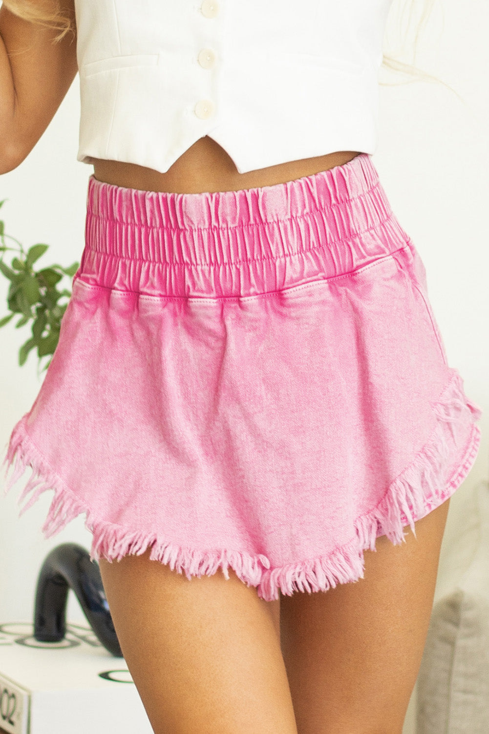 Pink Washed Wide Smocked Waistband Frayed Denim Shorts Pink 98%Cotton+2%Elastane Denim Shorts JT's Designer Fashion