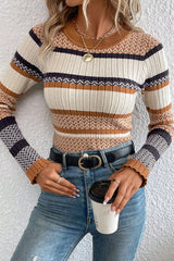 Brown Stripe Stylish Pattern Knitted Ribbed Trim Slim Sweater Sweaters JT's Designer Fashion
