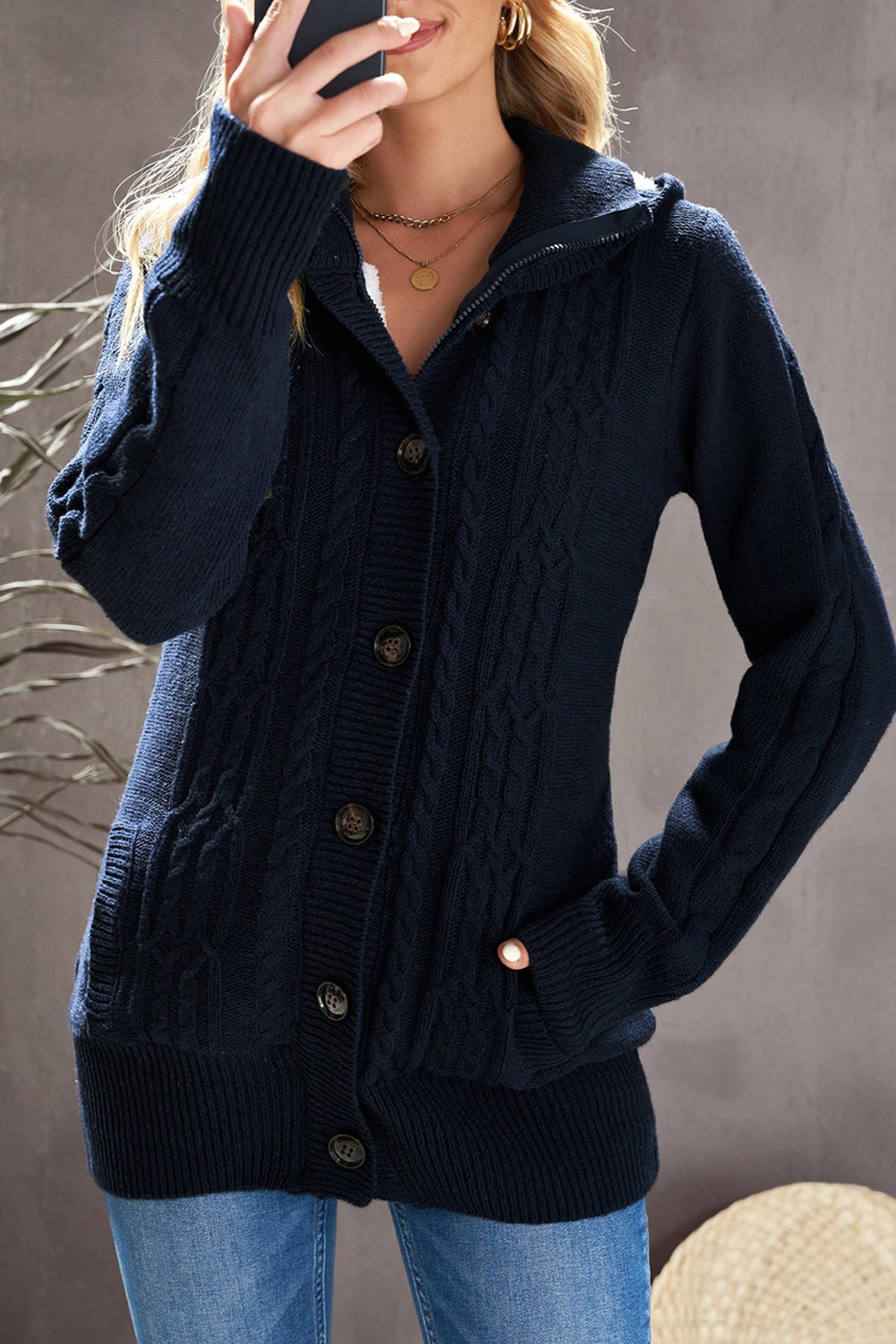 Navy Blue Long Sleeve Button-up Hooded Cardigans Sweaters & Cardigans JT's Designer Fashion