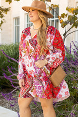 Rose Mixed Floral Long Sleeve V Neck Lace-up Hollowed Back Plus Size Dress Plus Size Mini Dresses JT's Designer Fashion