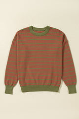 Brown Stripe Trimmed Round Neck Drop Shoulder Loose Sweater Sweaters JT's Designer Fashion