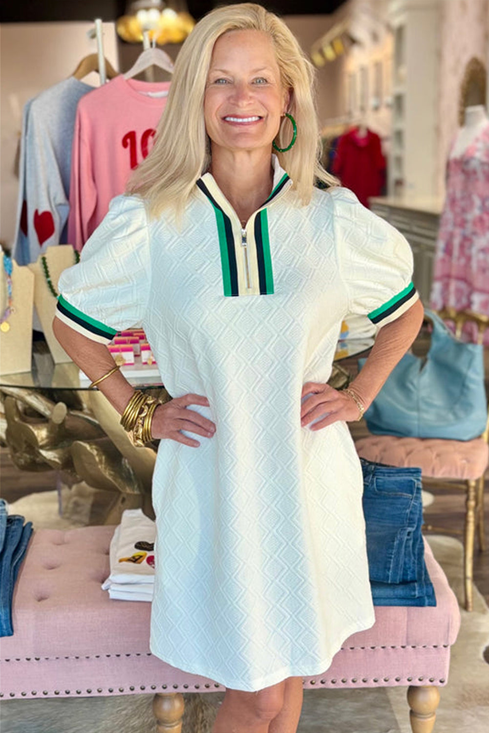 White Textured Jacquard Colorblock Edge Puff Sleeve Quarter Zip Mini Dress Dresses JT's Designer Fashion