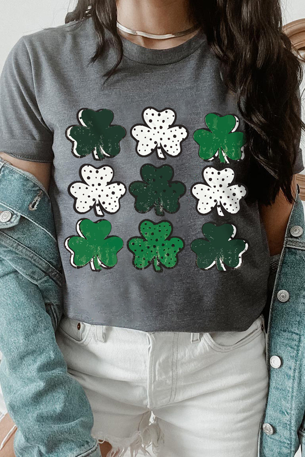 Gray Dotted Clovers Print Round Neck T Shirt Graphic Tees JT's Designer Fashion