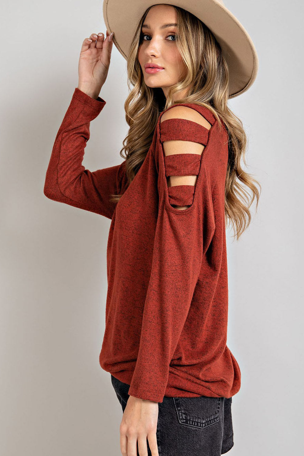 Orange Cutout Cold Shoulder Long Sleeve Top Long Sleeve Tops JT's Designer Fashion