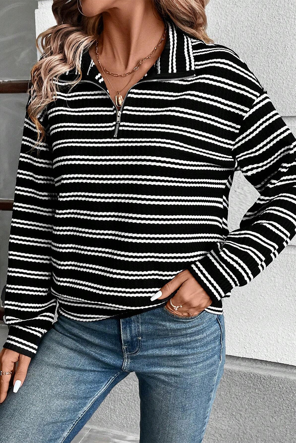 Black Stripe Textured Quarter Zip Collar Long Sleeve Top Long Sleeve Tops JT's Designer Fashion