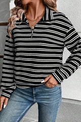Black Stripe Textured Quarter Zip Collar Long Sleeve Top Long Sleeve Tops JT's Designer Fashion