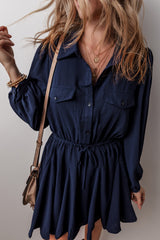 Navy Blue Solid Chest Pockets Tunic Shirt Mini Dress Mini Dresses JT's Designer Fashion