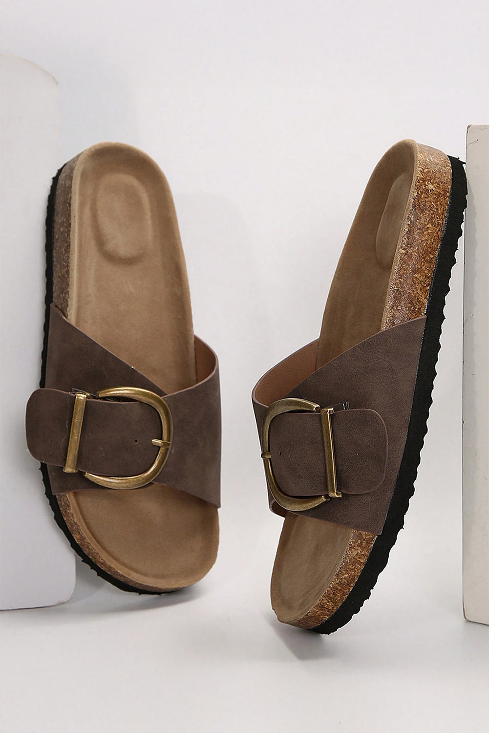 Coffee Buckle Decor Faux Suede Thick Sole Slippers Slippers JT's Designer Fashion