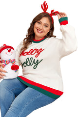 White Tinsel holly jolly Pattern Colorblock Edge Drop Shoulder Plus Size Sweater Plus Size Sweaters & Cardigans JT's Designer Fashion