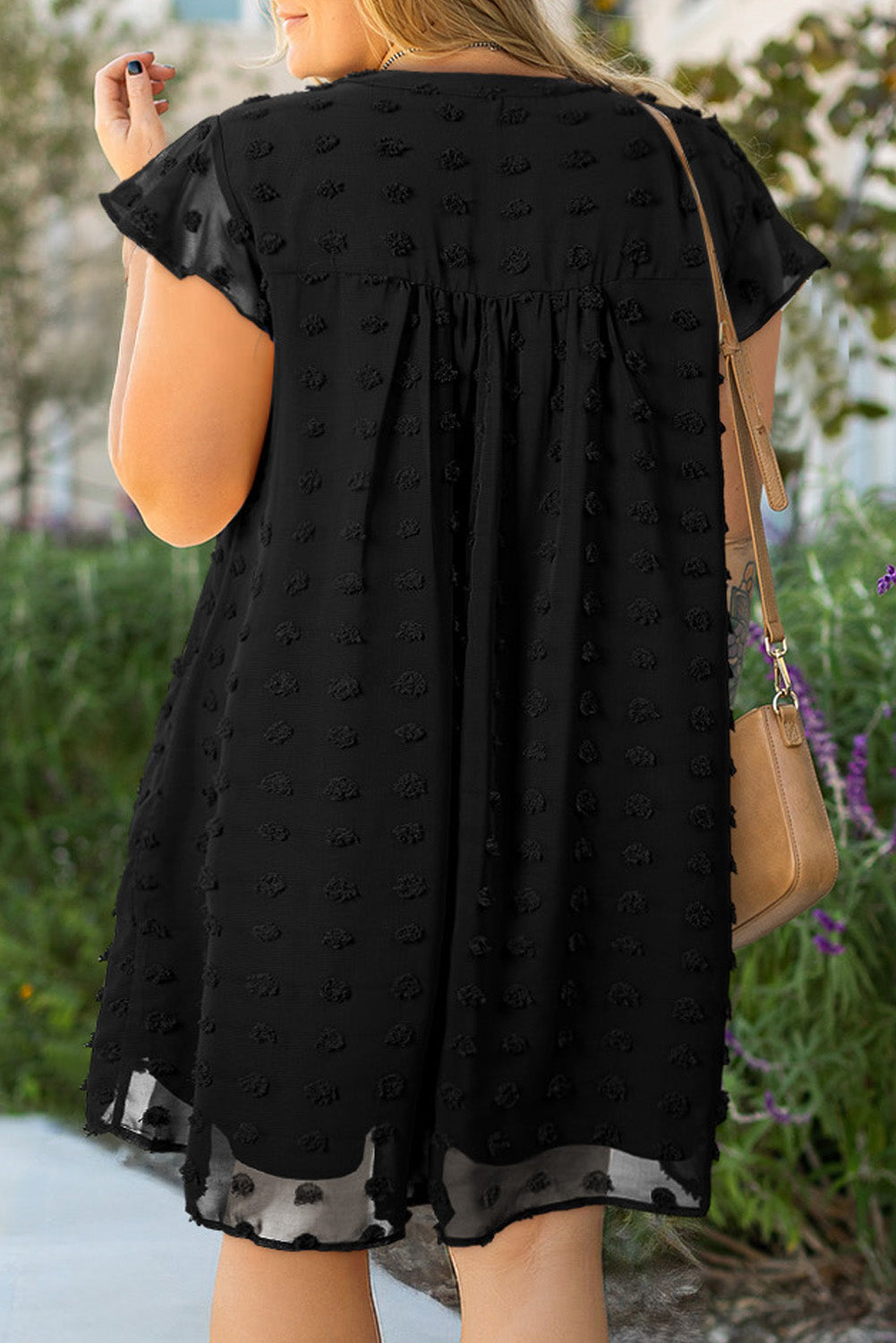 Black Dotty Textured Notched Neck Plus Ruffled Dress Plus Size Mini Dresses JT's Designer Fashion