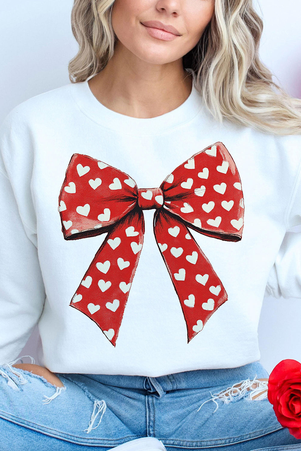 White Heart Bow Printed Round Neck Valentines Pullover Sweatshirt Graphic Sweatshirts JT's Designer Fashion