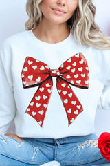 White Heart Bow Printed Round Neck Valentines Pullover Sweatshirt Graphic Sweatshirts JT's Designer Fashion