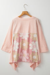 Pink Flower Patchwork Exposed Seam Oversized High Low Top Long Sleeve Tops JT's Designer Fashion