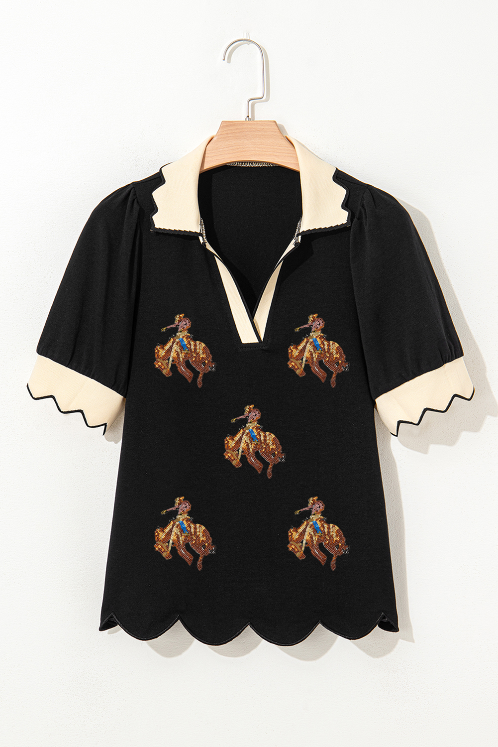 Black Contrast Scalloped Collar Cuffs Rodeo Patched Graphic Short Sleeve Top Graphic Tees JT's Designer Fashion