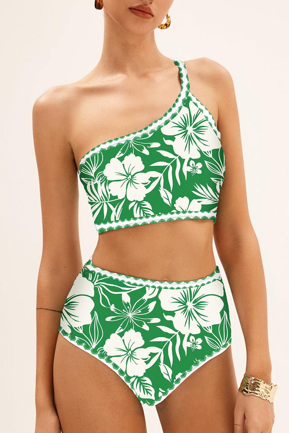 Green Floral Print One Shoulder High Waist Bikini Set Bikinis JT's Designer Fashion