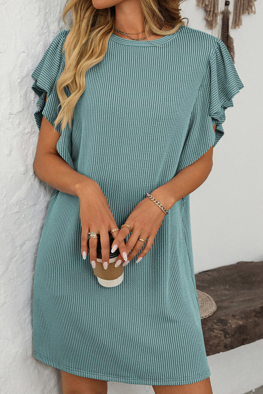 Canton Corded Ruffle Sleeve Crew Neck Shift Dress Mini Dresses JT's Designer Fashion