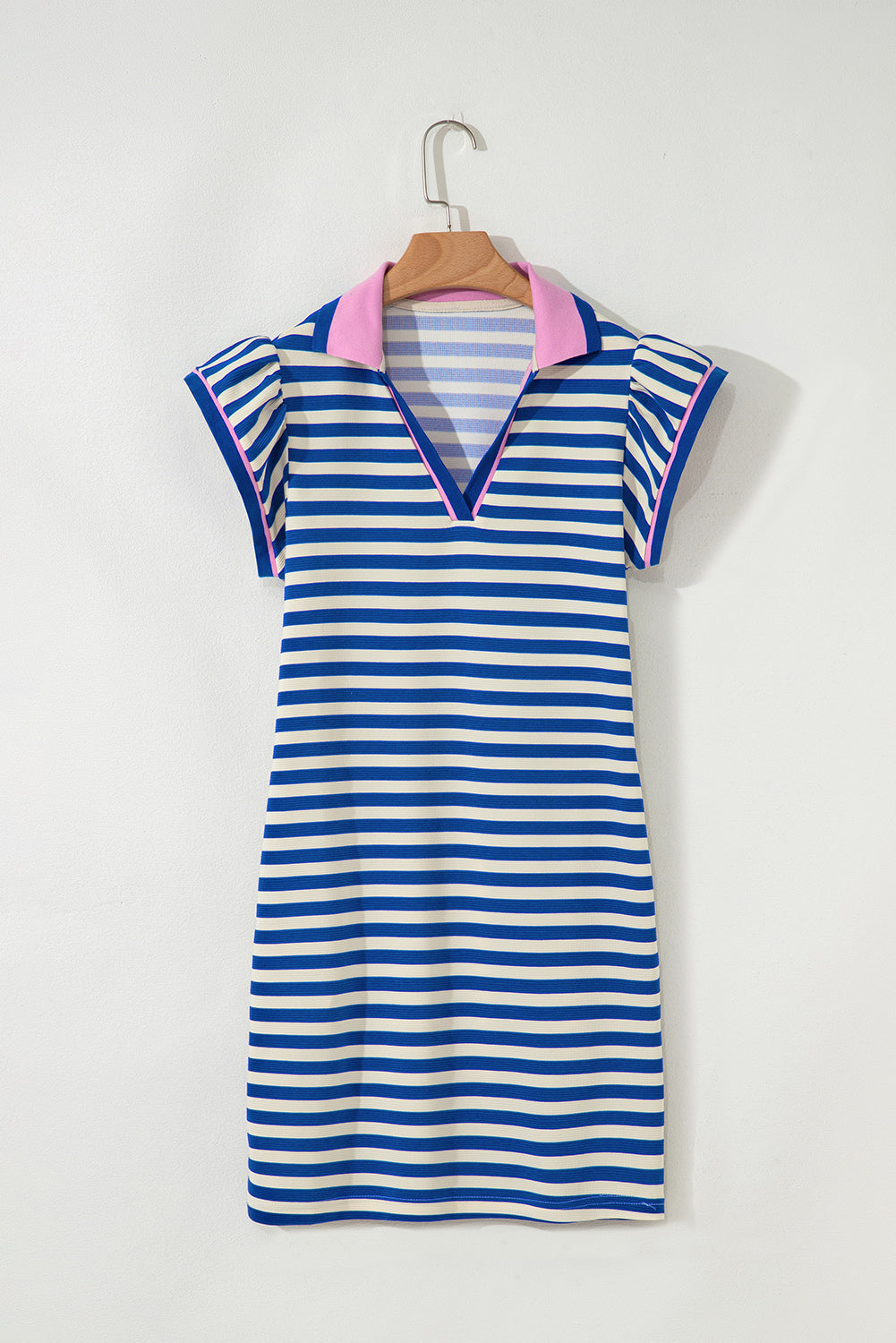 Dark Blue Stripe Print Contrast Collar Split Neck Flutter Sleeve Short Dress Mini Dresses JT's Designer Fashion