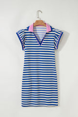 Dark Blue Stripe Print Contrast Collar Split Neck Flutter Sleeve Short Dress Mini Dresses JT's Designer Fashion