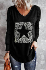Black Star Print V Neck Long Sleeve Top Graphic Sweatshirts JT's Designer Fashion