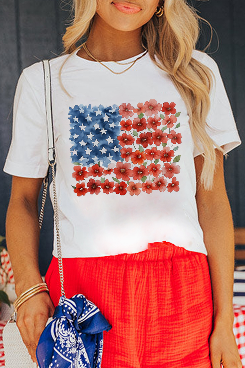 White Star Floral American Flag Printed T Shirt Graphic Tees JT's Designer Fashion