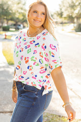 White Multicolor Leopard Print Textured Plus Size T Shirt Plus Size Blouses & Shirts JT's Designer Fashion