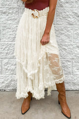 Beige Lace Cascading Tiered High Waist Maxi Skirt Skirts & Petticoat JT's Designer Fashion