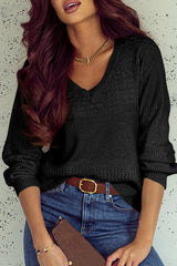 Black Eyelet Pattern Detail V Neck Drop Shoulder Sweater Black 100%Polyester Sweaters JT's Designer Fashion