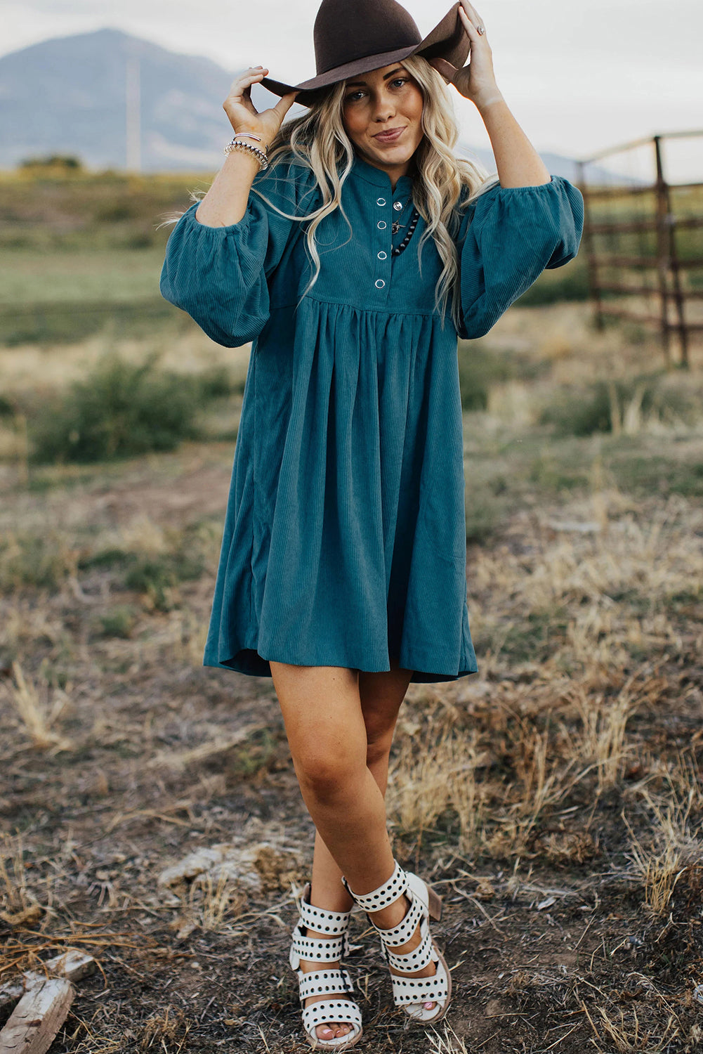 Blue Corduroy Snap Buttons Empire Waist Bracelet Sleeve Dress Mini Dresses JT's Designer Fashion