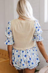 Beige Waffle Floral Patchwork Short Flounce Sleeve Peplum Blouse Blouses & Shirts JT's Designer Fashion