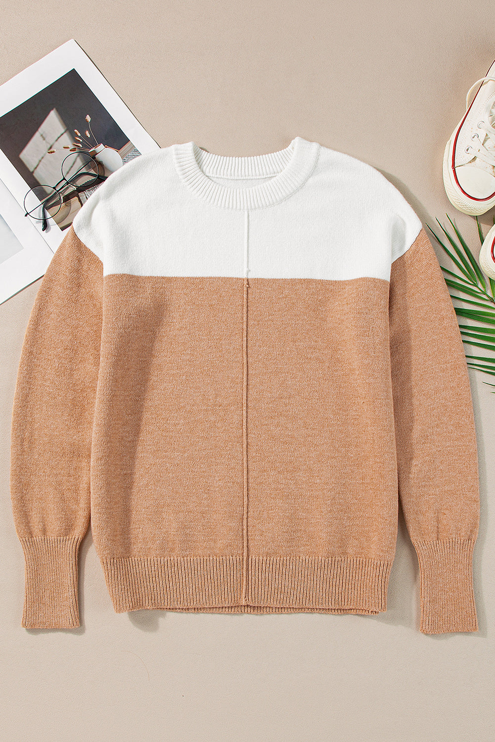 Straw Yellow Colorblock Ribbed Trim Round Neck Sweater Sweaters JT's Designer Fashion