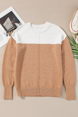 Straw Yellow Colorblock Ribbed Trim Round Neck Sweater Sweaters JT's Designer Fashion