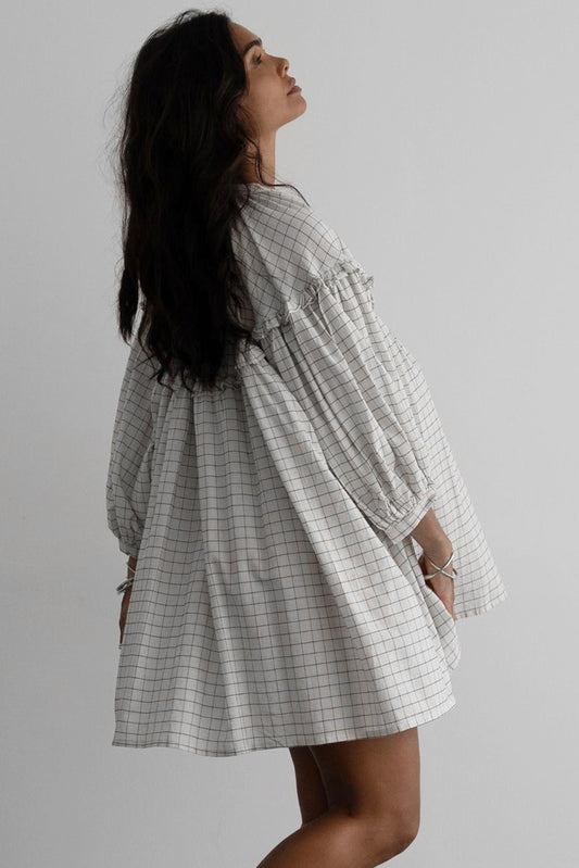 White Stripe Checkered Frilled V Neck Bracelet Sleeve Babydoll Dress Mini Dresses JT's Designer Fashion