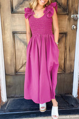 Rose Red Solid Color Ruffled Straps Smocked Ruched Long Dress Rose Red 100%Polyester Maxi Dresses JT's Designer Fashion