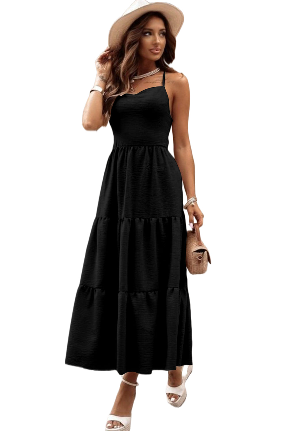 Black Crossover Backless Bodice Tiered Maxi Dress Dresses JT's Designer Fashion