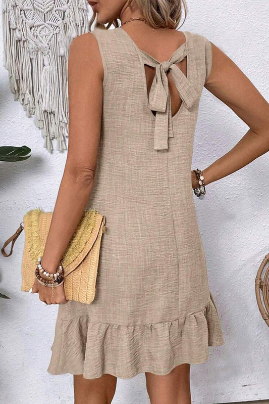 Smoke Gray Knot Scoop Back Ruffle Hem Sleeveless Mini Dress Mini Dresses JT's Designer Fashion