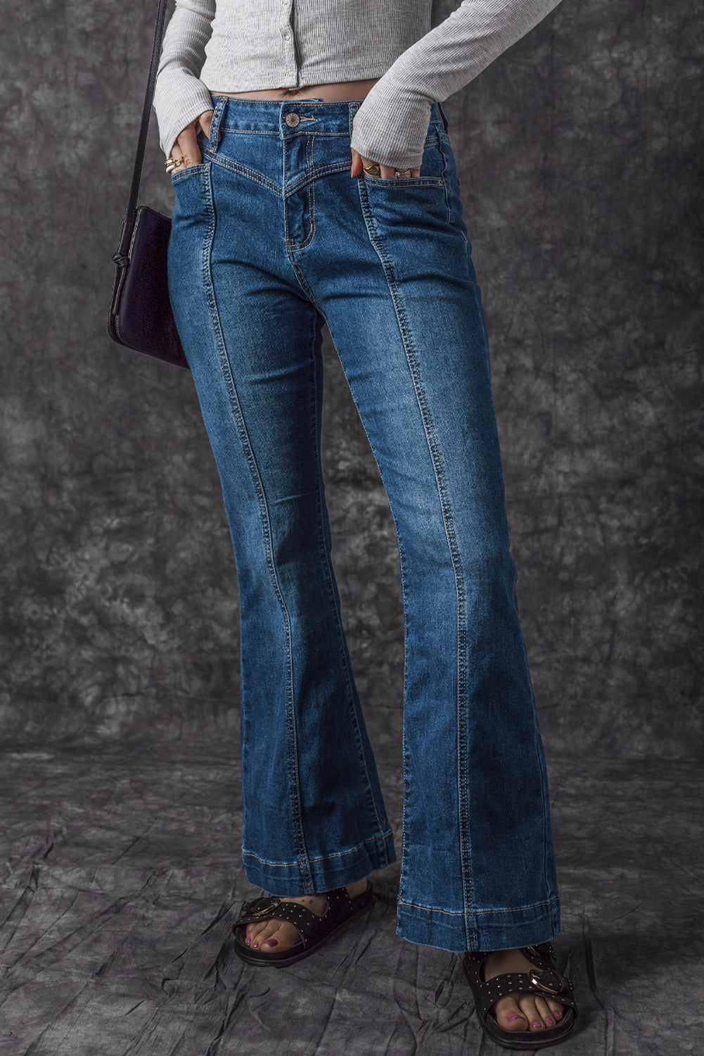 Blue High Waist Seam Stitching Pocket Flare Jeans Jeans JT's Designer Fashion