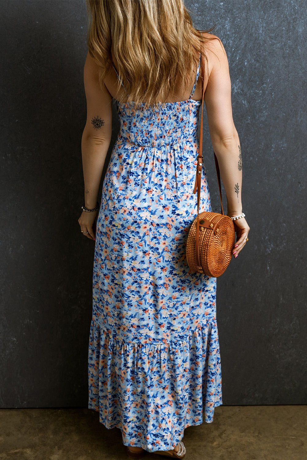 Sky Blue Sexy Frilly Pleated Long Floral Dress Dresses JT's Designer Fashion