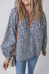 Blue Floral Print Notched V Neck Puff Sleeve Blouse Blouses & Shirts JT's Designer Fashion