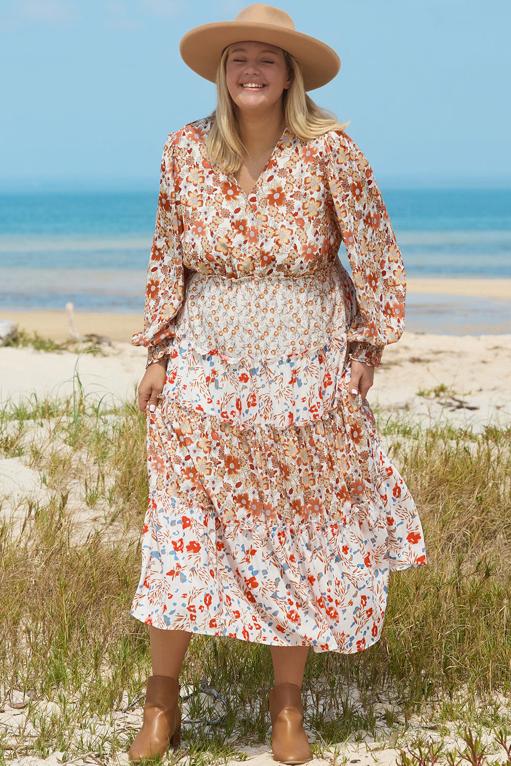 Khaki Plus Size Floral Tiered Ruffle Maxi Dress Plus Size Maxi Dresses JT's Designer Fashion