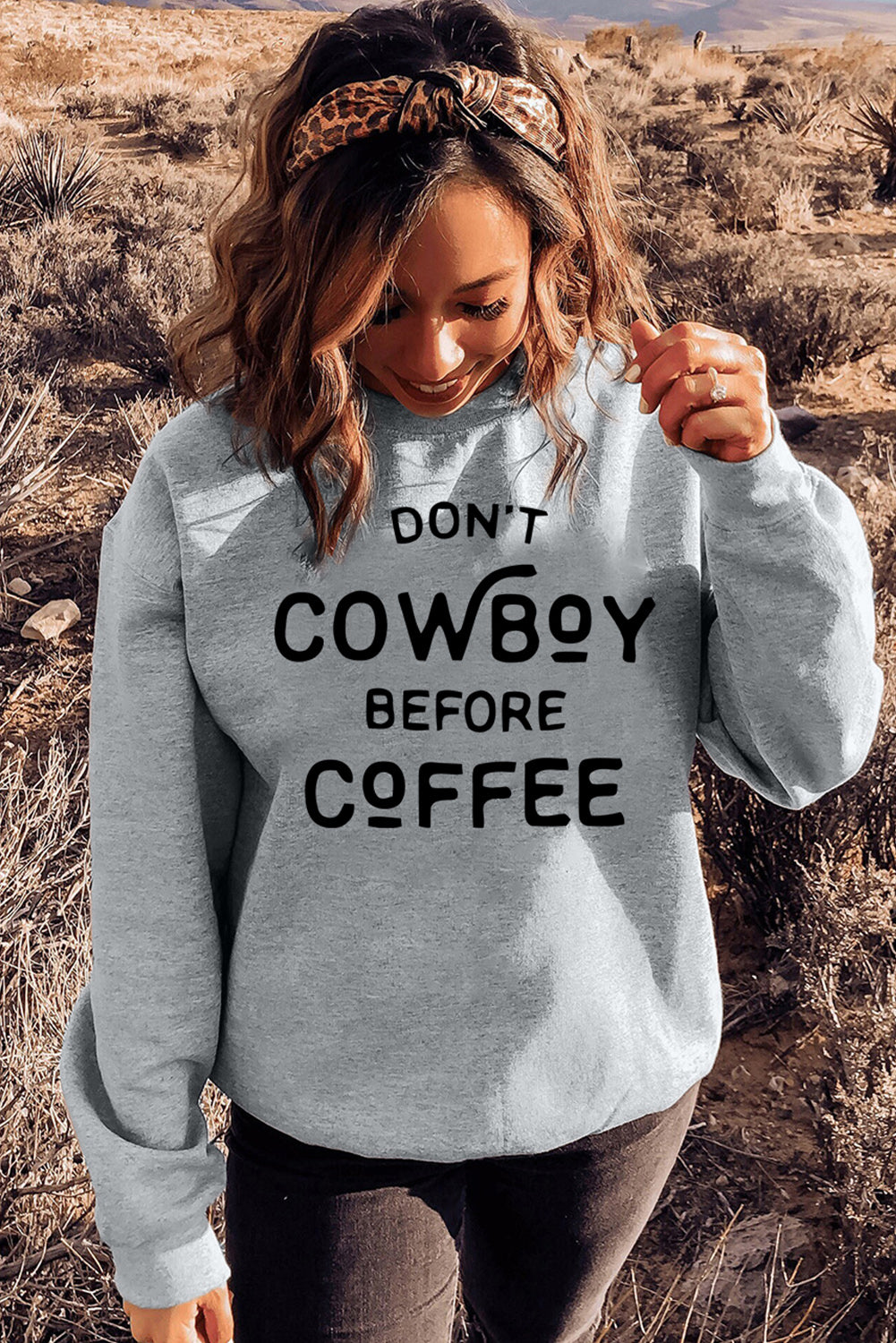Gray Letter Print Drop Shoulder Crew Neck Pullover Sweatshirt Graphic Sweatshirts JT's Designer Fashion