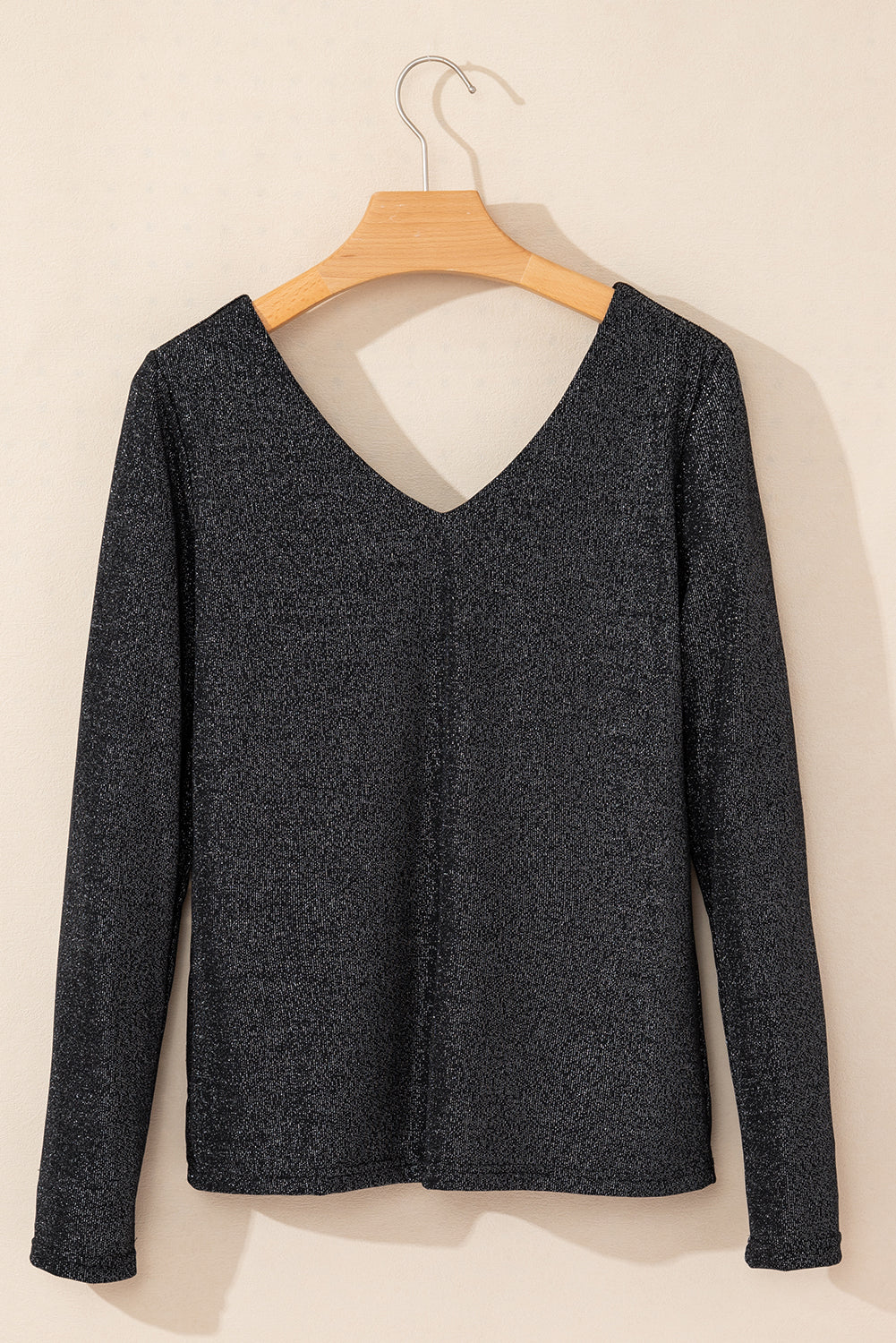 Black Metallic Bowknot Open Back V Neck Top Long Sleeve Tops JT's Designer Fashion