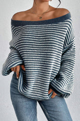 Sail Blue Striped Lantern Sleeve Drop Shoulder Cozy Sweater Sweaters JT's Designer Fashion