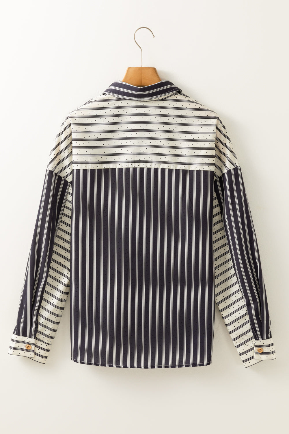 Black Stripe 2-tone Patchwork Half Buttons Chest Pockets Casual Blouse Blouses & Shirts JT's Designer Fashion