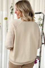 Parchment Eyelet Knit Patchwork Raglan Sleeve Pullover Top Sweatshirts & Hoodies JT's Designer Fashion
