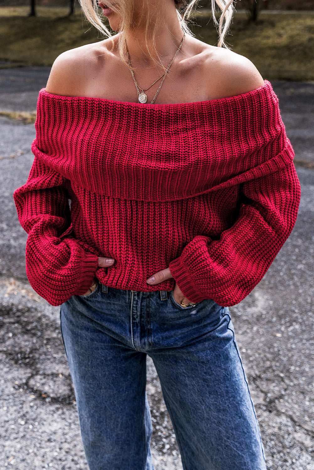 Racing Red Off-the-shoulder Knit Sweater Racing Red 60%Cotton+40%Acrylic Sweaters JT's Designer Fashion