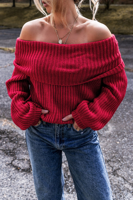 Racing Red Off-the-shoulder Knit Sweater Racing Red 60%Cotton+40%Acrylic Sweaters JT's Designer Fashion