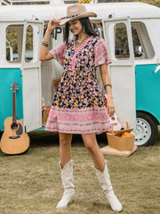 Printed V-Neck Short Sleeve Dress Mini Dresses JT's Designer Fashion